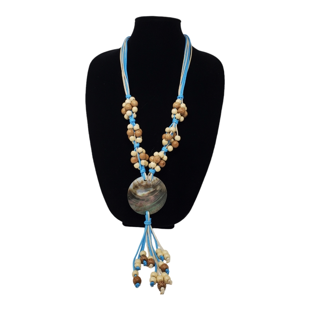 Coastal Statement Necklace Medallion Shell & Bead Blue Long Lightweight